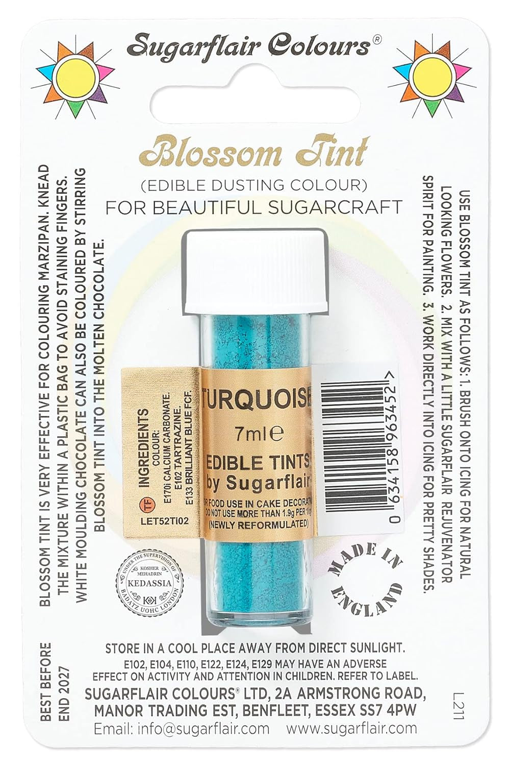Kleurstofpoeder Sugarflair Blossom Tint Dusting Turquoise - Kleurstofpoeder voor het decoreren van gekleurde suikerpasta, fondant, glazuur, chocolade, botercrème, bitterkoekjes - 7 ml