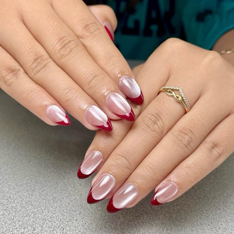 Moonglow korte magnetische kunstnagels, roze amandelrood gradiënt glitter kattenoog met lijm, roze rode ombre glitter fototherapie kunstnagels voor dames en meisjes