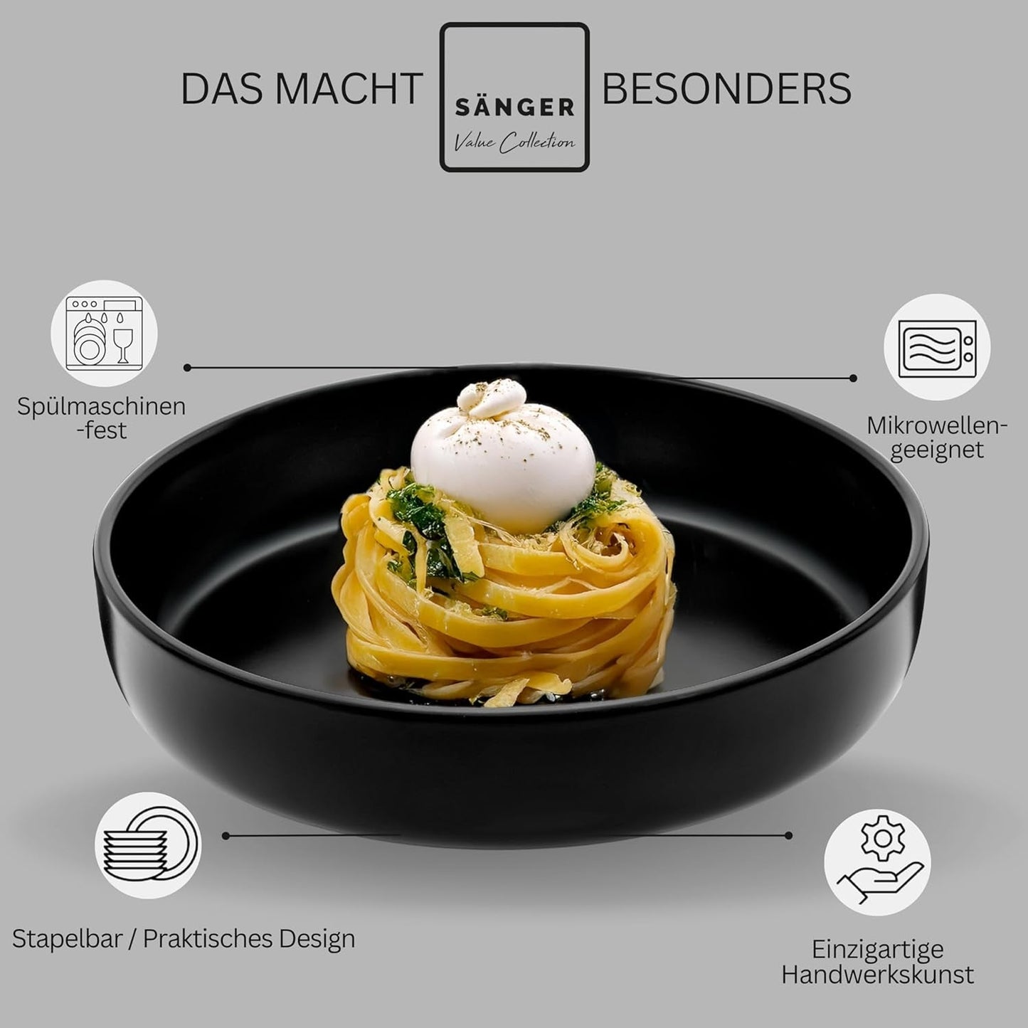 SÄNGER Madeira | 24-delige combinatieserviesset, 6-persoons aardewerken serviesset, 6 dinerborden, 6 ontbijtborden, 6 dinerborden, 6 pastakommen, servies en schalenset, matzwart | DE WAARDE-COLLECTIE