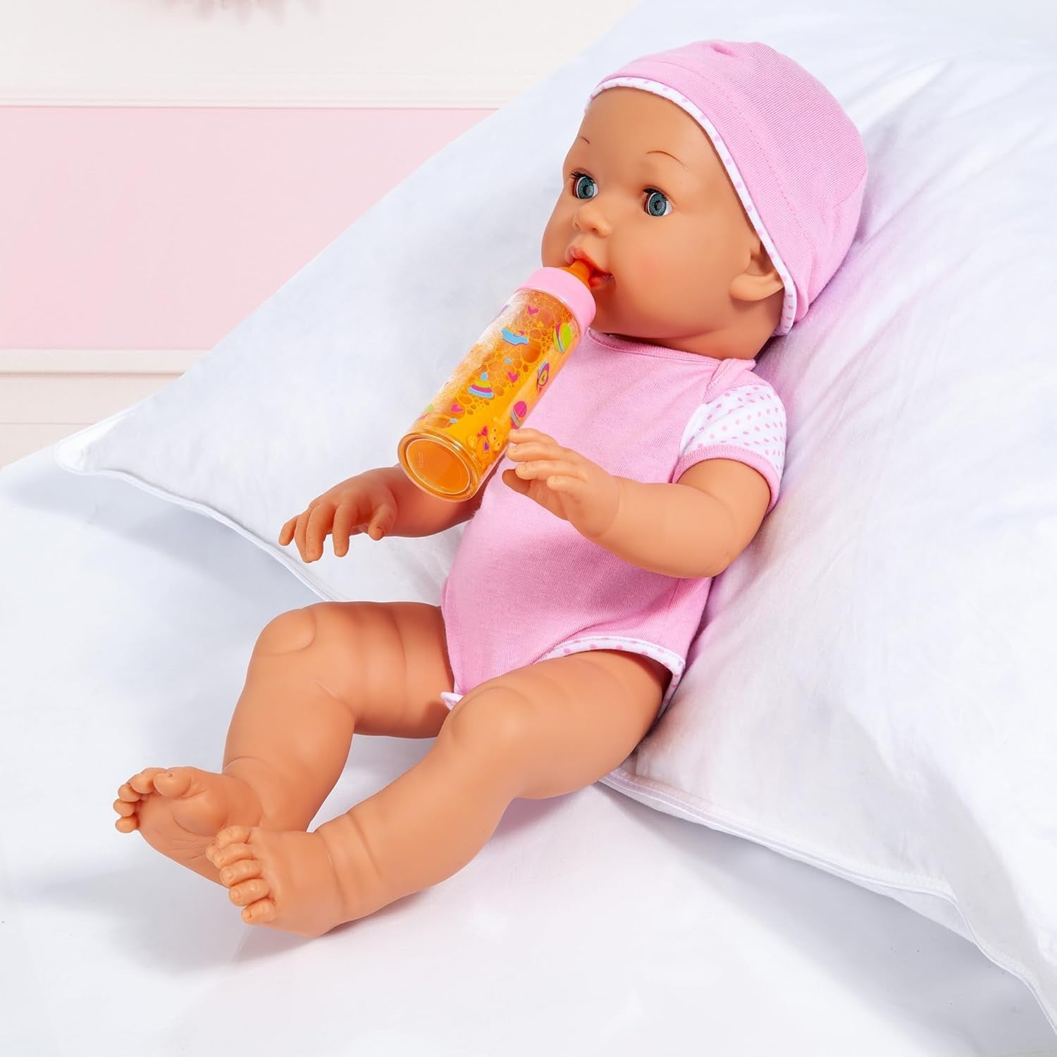 Bayer Design 79201AE Magische fles, melkfles, drinkfles, poppenaccessoire, wit en oranje