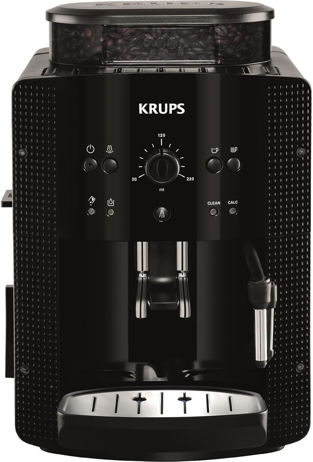 KRUPS Arabica Picto automatische espressomachine, compact ontwerp, eenvoudig te gebruiken, intuïtief verstelbare draaibediening, melkopschuimer, 2-kops functie, espressomachine, zwart, EA810870