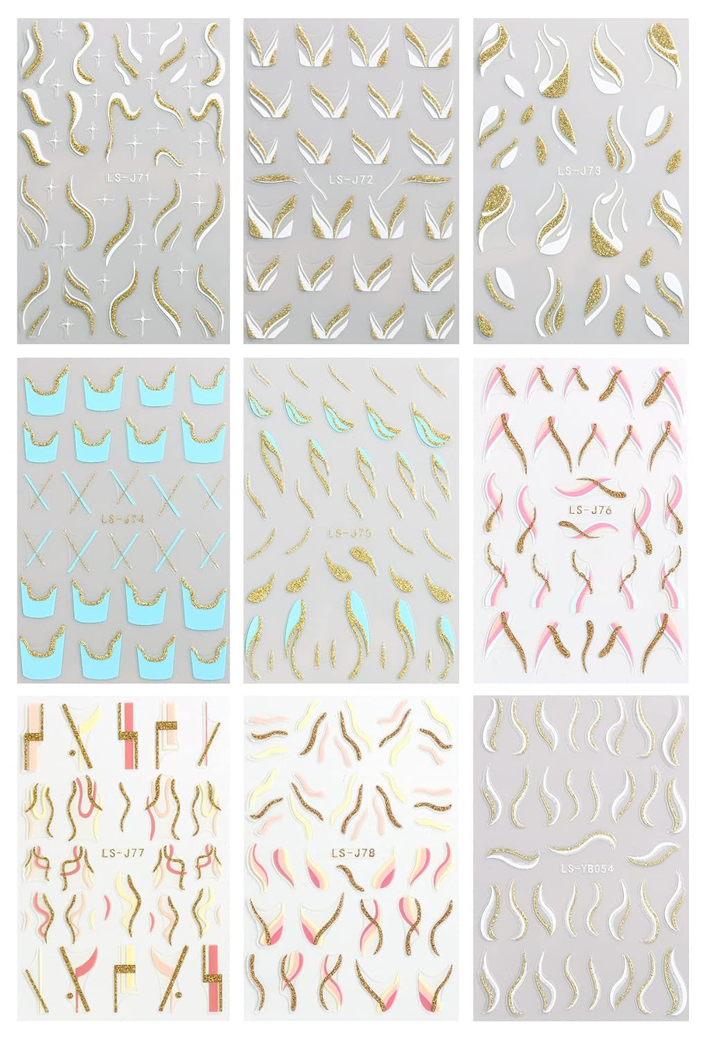 JMEOWIO Nagelsticker Französische Tipp 9 Blatt Nail Art Sticker Selbstklebend Nagelaufkleber Glitzer Wellenlinie Decoratie Nageldesign Zubehör