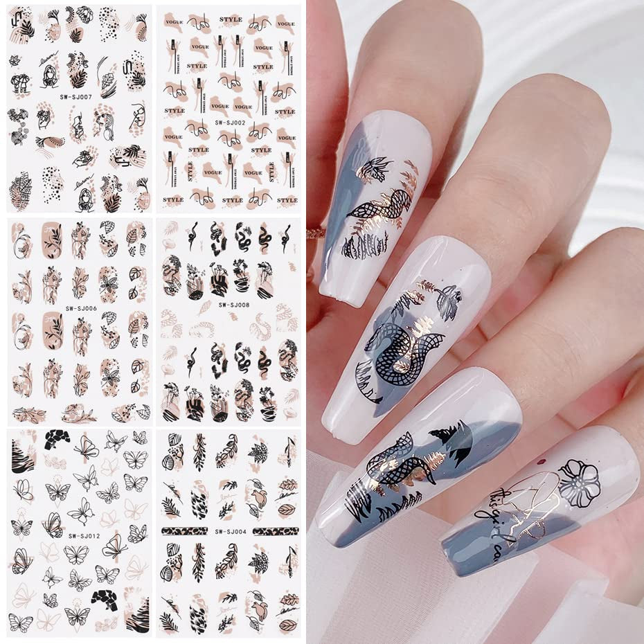 JMEOWIO Nagelsticker Rose Gold Schwarze Blume 12 Blatt Nail Art Sticker Selbstklebend Nagelaufkleber Frühlings Linie Abstracts Blatt Decoratie Nageldesign Zubehör