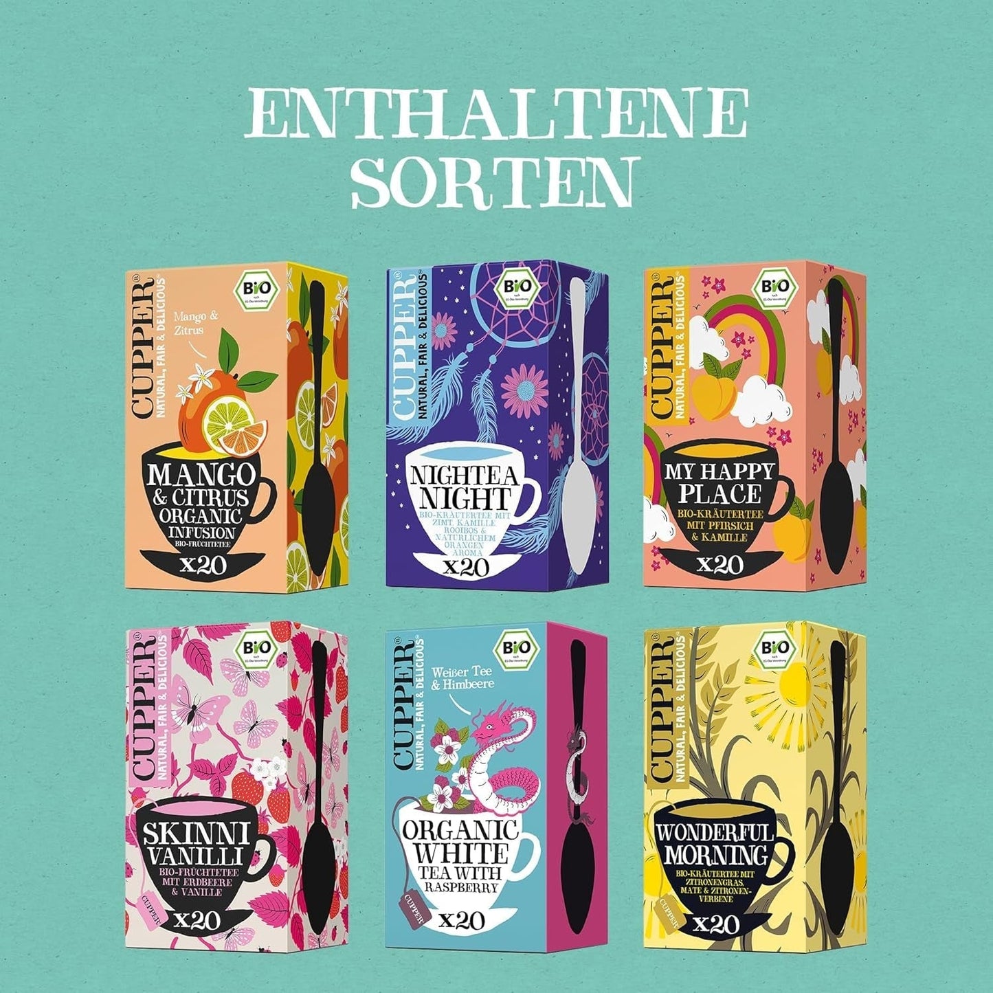 Cupper biologische theecadeauset, 6 assortiment kruiden- en fruitthee voor de hele dag, theeservies, geschenkdoos, geselecteerde biologische theecollectie (1 doos, 78 theezakjes)