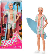 Barbie Movie Ken Barbie-pop in pastelroze en groen gestreepte strandkleding, surfplank en witte sneakers, JBJ54