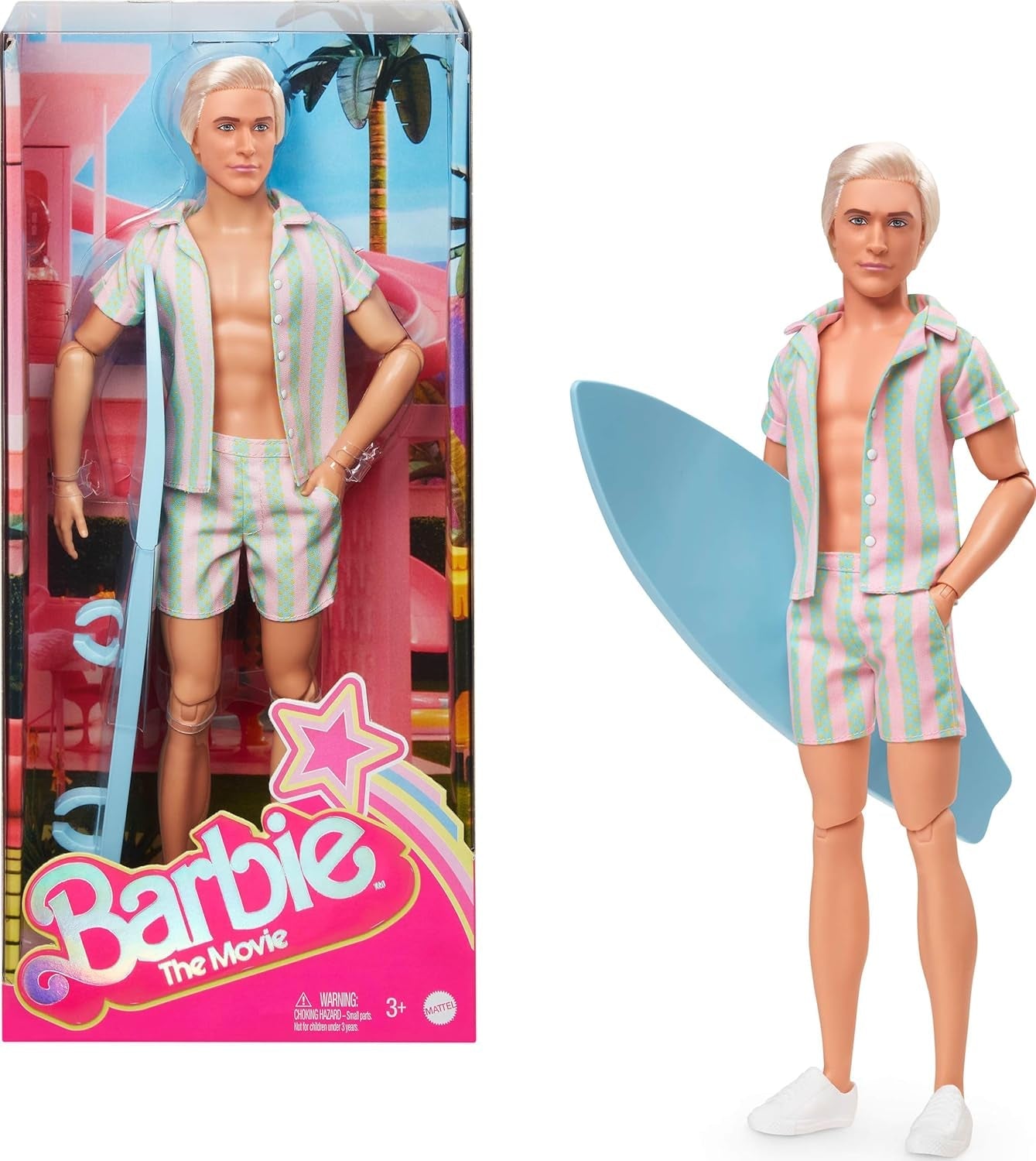 Barbie Movie Ken Barbie-pop in pastelroze en groen gestreepte strandkleding, surfplank en witte sneakers, JBJ54