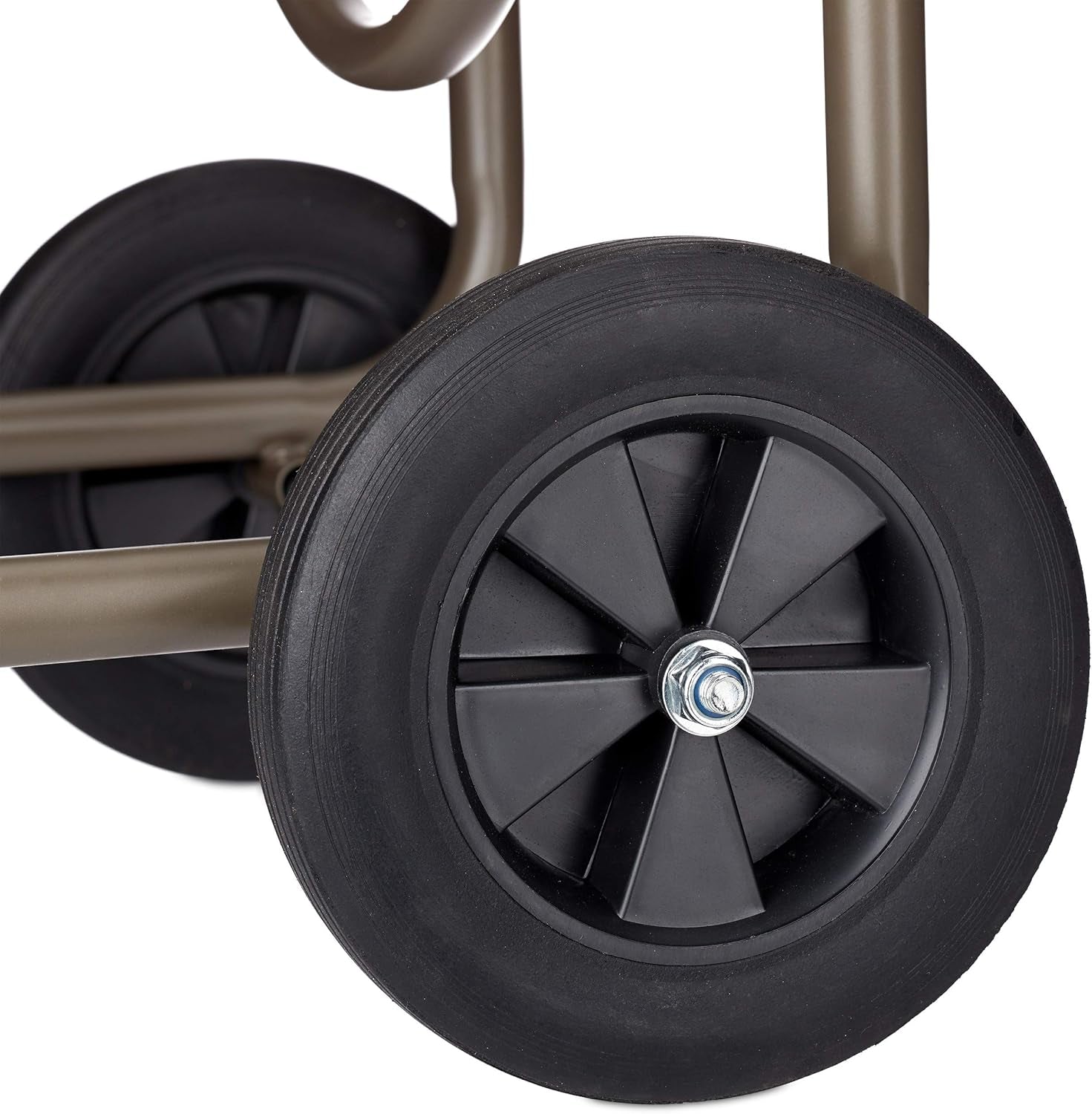 Relaxdays XL slangenwagen, mobiele slanghaspel, metaal, voor 60 m slang, 4 wielen, met slinger, 90° rol, bruin