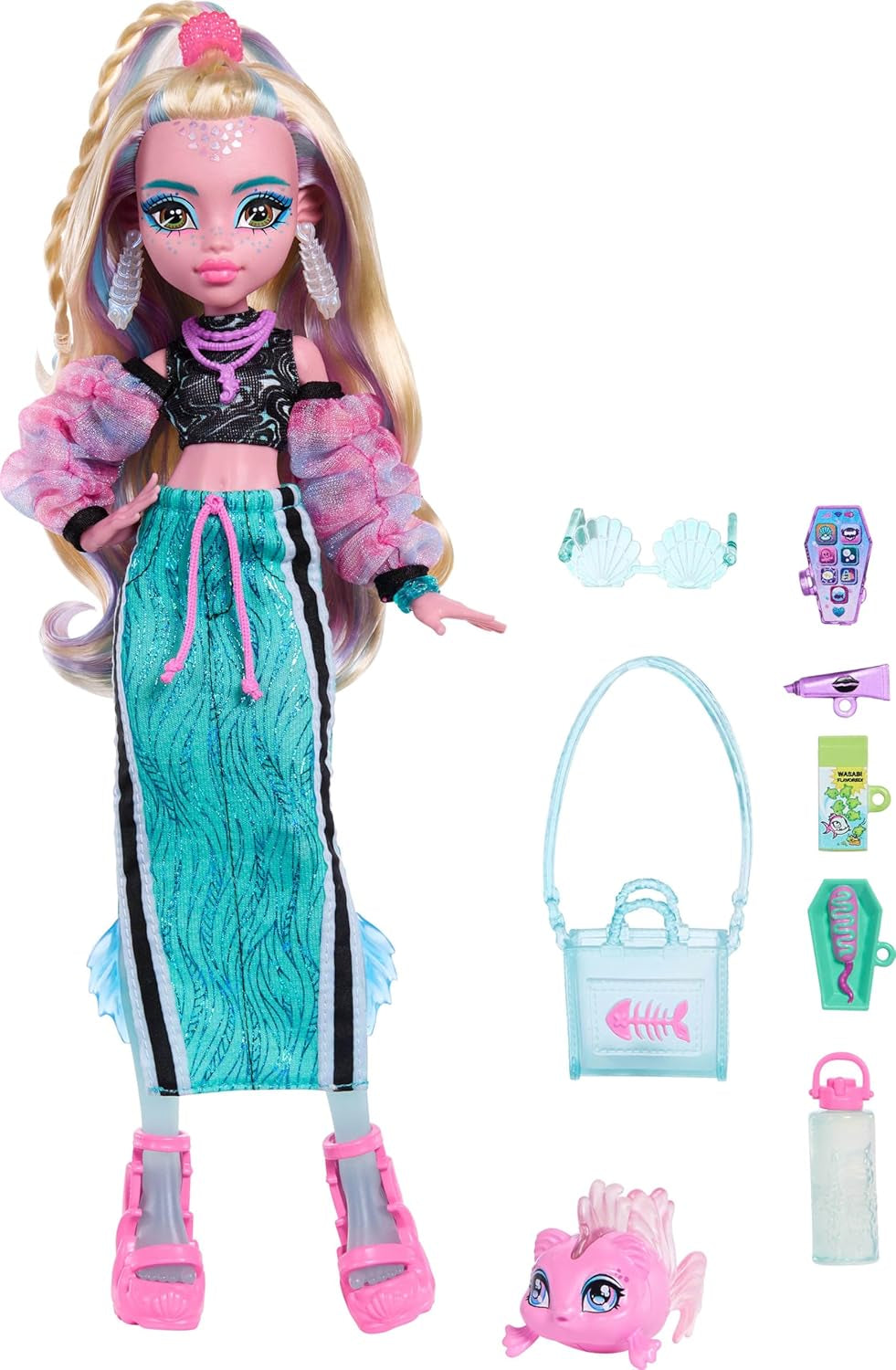 Monster High Lagoona Blue Neptuna vis korte top en sport maxi rok pop met 7 accessoires, waaronder schelpzonnebril, snack en tas, JHK33