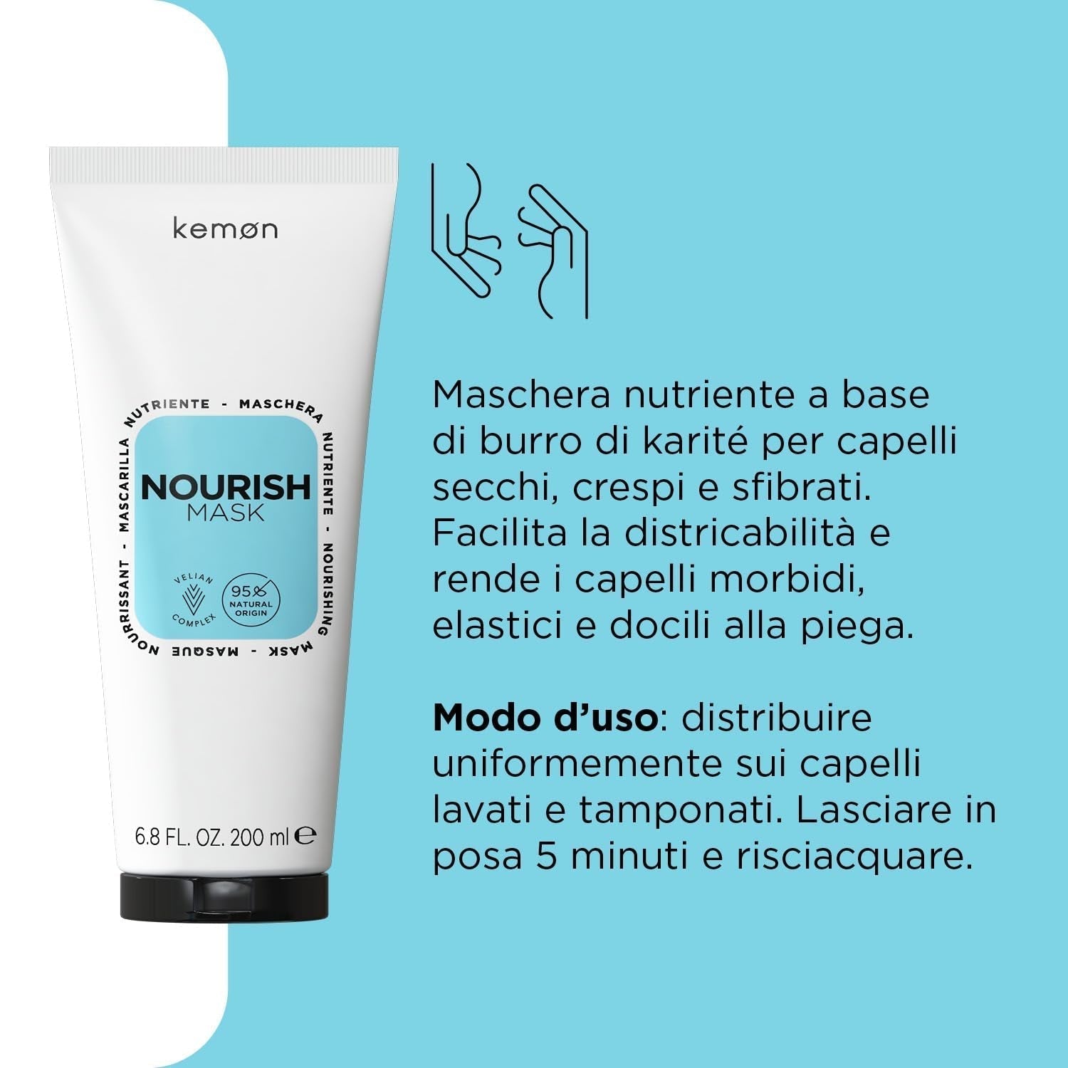 Kemon - Nourish Mask, voedend masker voor broos, droog en krullend haar, op basis van sheaboter, bevordert het ontwarren, voor zacht haar, 200 ml Naty Shop Haarmasker
