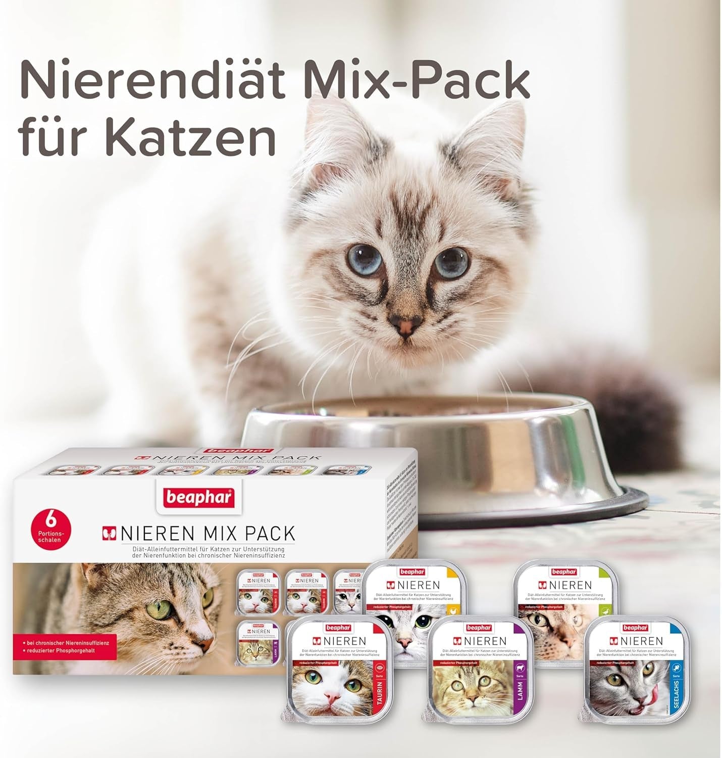 BEAPHAR – Renal Diet Mixed Package – Volledige voeding voor katten met chronisch nierfalen – Ter ondersteuning van de nierfunctie – 6 x 100 g