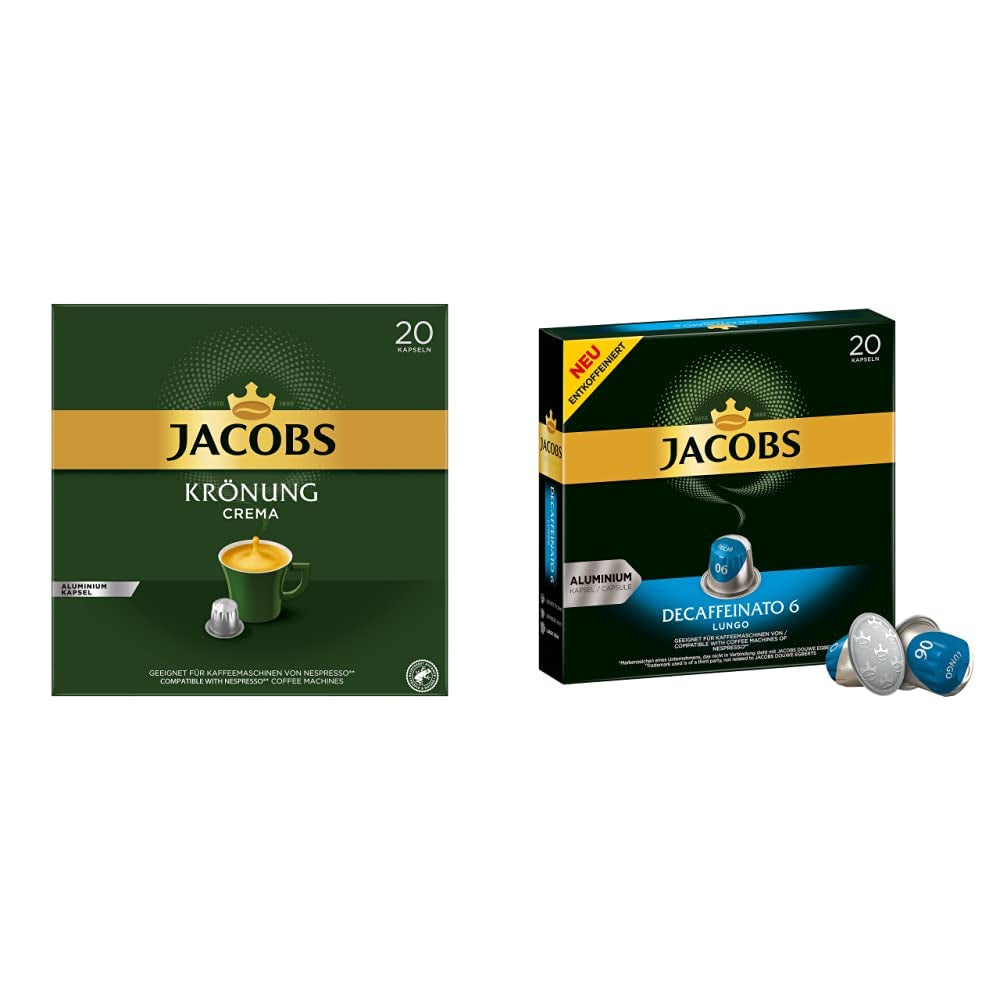 Jacobs Kaffeekapseln Krönung Crema, 10er Pack, 10 x 20 Getränke, 1040 g & Kaffeekapseln Lungo Decaffeinato- Intensität 6-200 Nespresso-compatibel Kapseln, 10er Pack, 10 x 20 Getränke