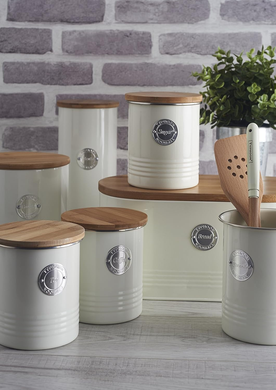 , "Living" roestvrijstalen broodmand, crèmekleur, met bamboe deksel, crème Voedselbewaardozen Naty Shop