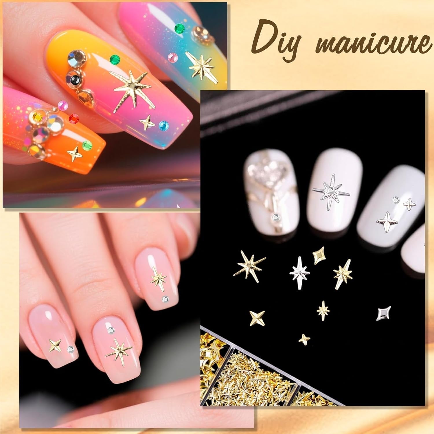Nail Charms,6 Boxen Gold Silber Nagel Charms 3D Gold Bogen Stern Nail Art Decoratie+6200 Strasssteine ​​Bunt Steine ​​AB Perlen Diamanten,3D Legierung Bow Nail Gems Nagel Deko Für Frauen Nagel (6-A)