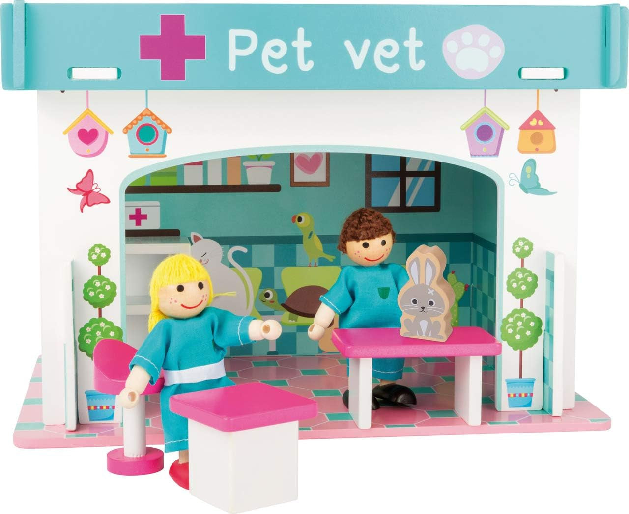 Small Foot 10852 Speelhuis Restaurant Van hout, Met 2 poppenfiguren, accessoires en afneembaar dak, Vanaf 3 jaar Poppenhuizen Naty Shop Dierenkliniek