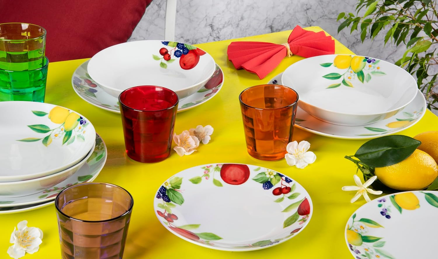 Excelsa Lemon serviesset, 18-delig, porselein, wit/citroen