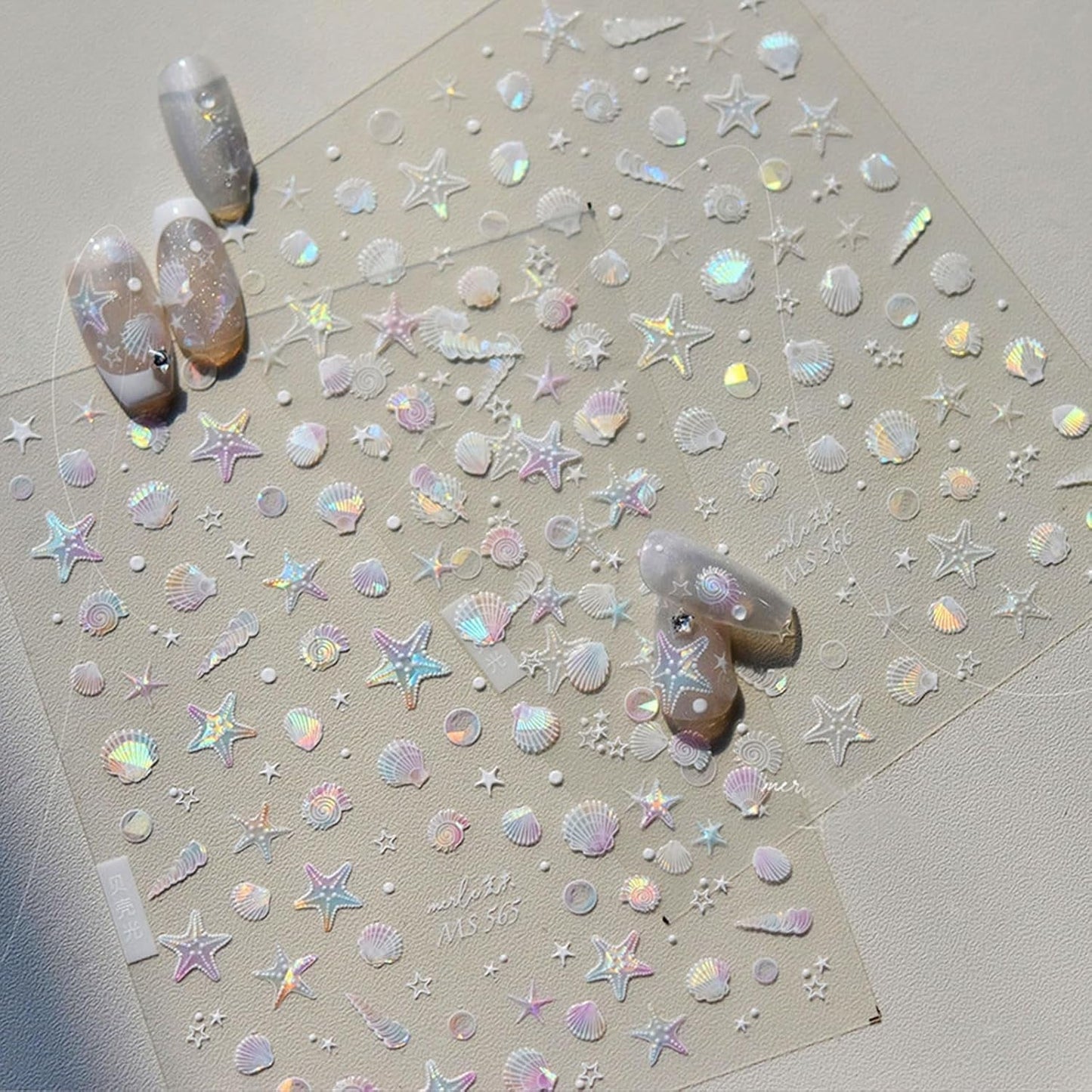JMEOWIO 3D Nagelsticker Aurora Muschel Seestern Nail Art Sticker Selbstklebend Nagelaufkleber 5D Stereoskopisch Ozean Thema Decoratie Nageldesign Zubehör 1 Blatt