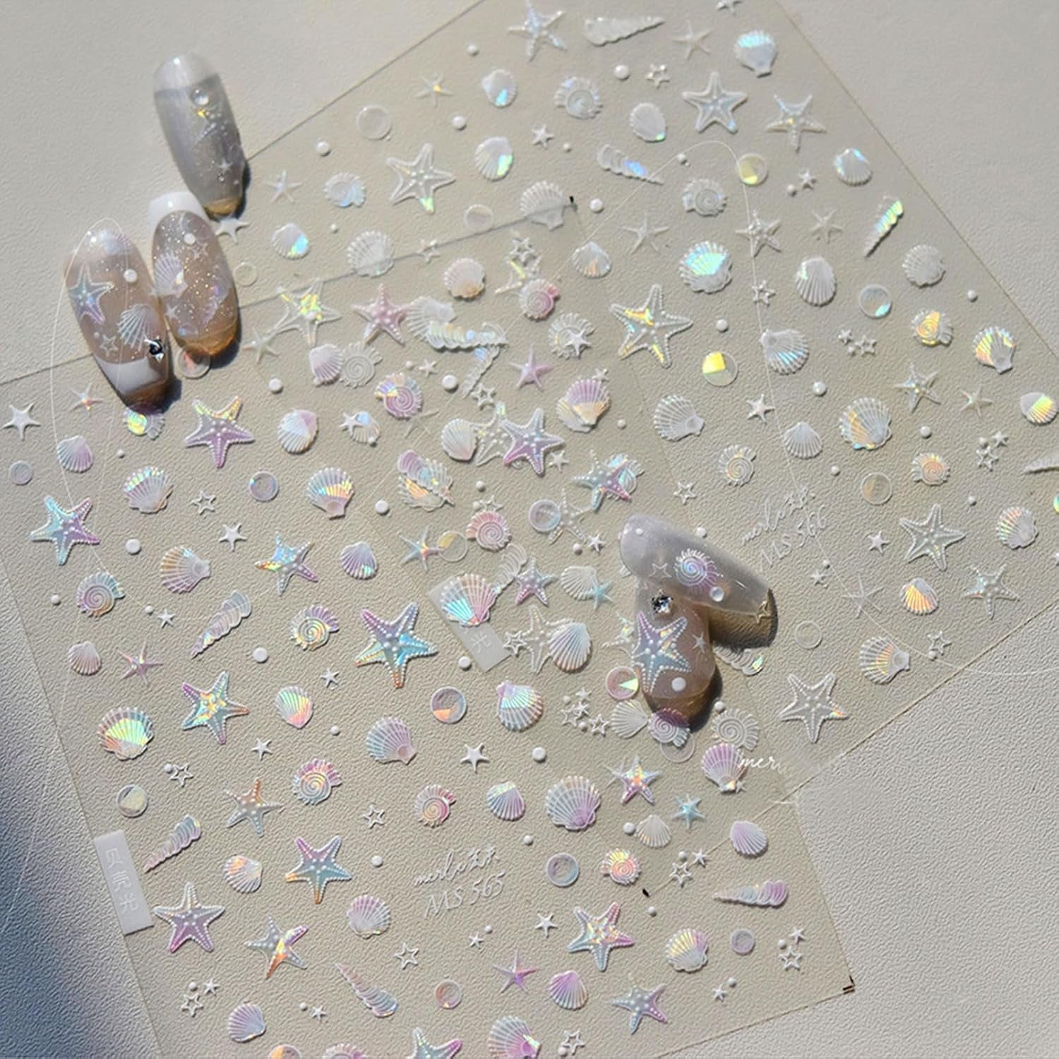 JMEOWIO 3D Nagelsticker Aurora Muschel Seestern Nail Art Sticker Selbstklebend Nagelaufkleber 5D Stereoskopisch Ozean Thema Decoratie Nageldesign Zubehör 1 Blatt