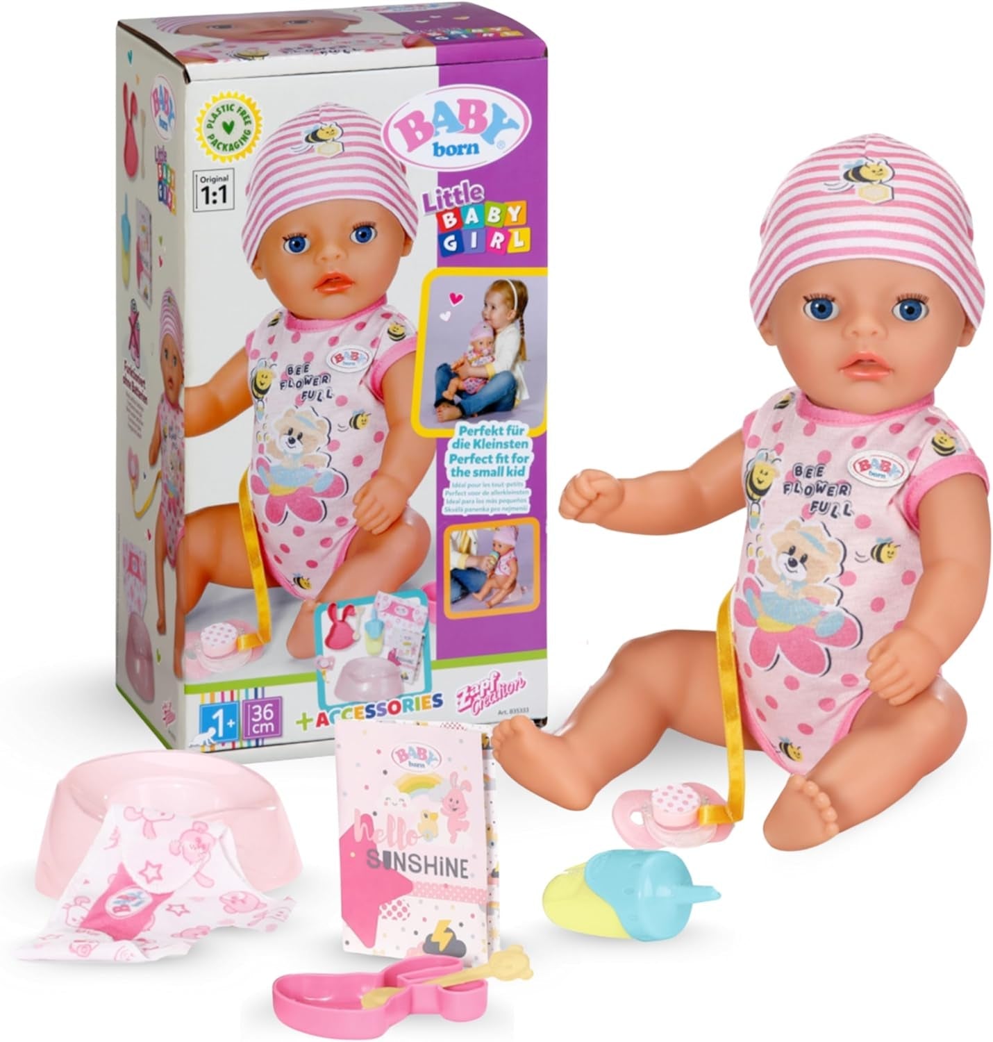 BABY Born Lena (Meisje) - babypop 36 cm - 7 functies, inclusief accessoires en matras - Werkt geheel zonder batterijen - Geschikt voor kleine kinderen vanaf 1 jaar