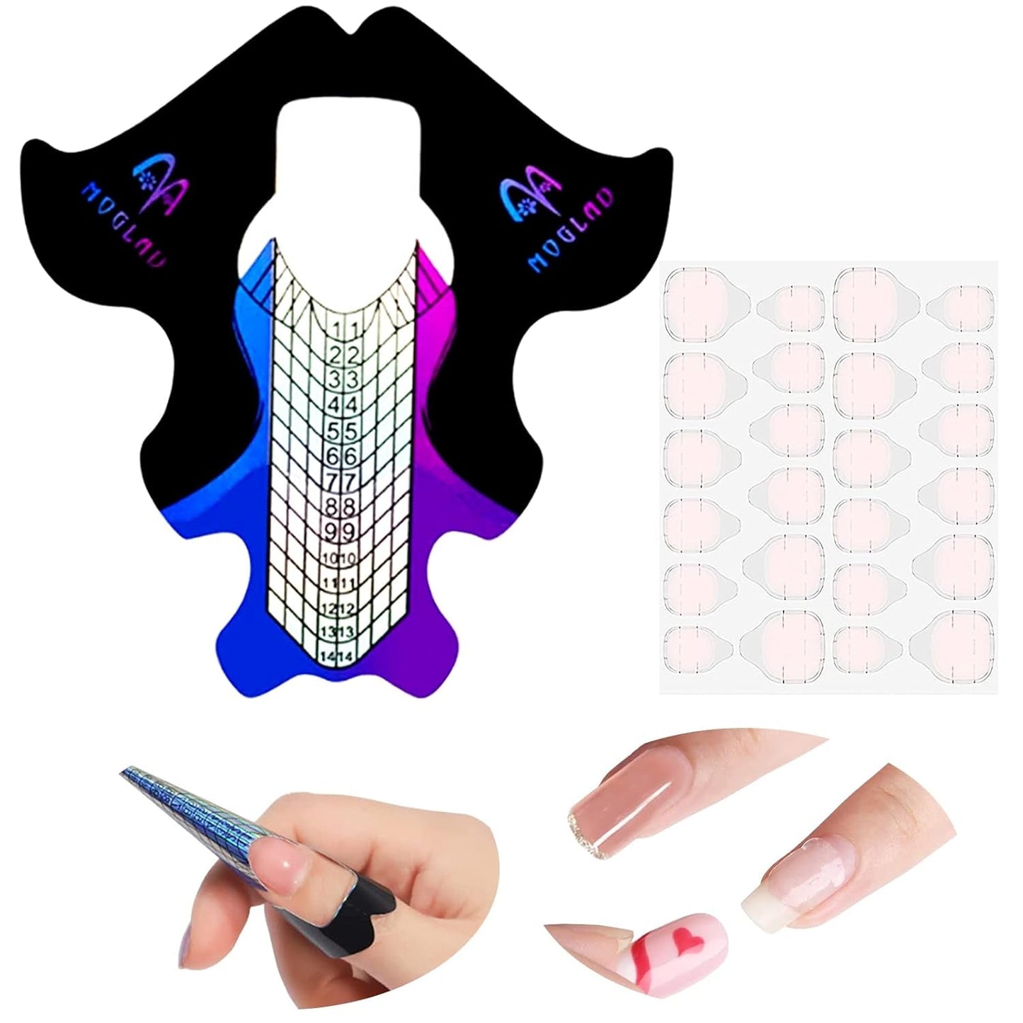 ® 100 nagelsjablonen en 1 vel met 24 doorzichtige zelfklevende schijven voor nagels, nagelverlengingssjablonen, zelfklevende gelnagelverlengingssjablonen, kunstnagelaccessoires