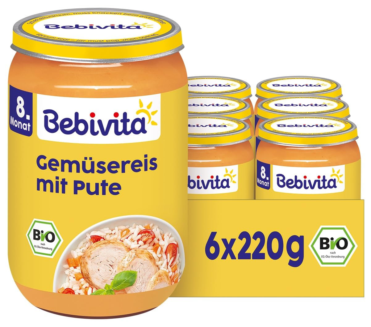Maaltijden vanaf 8 maanden: Rijst met groenten en malse kalkoen, 220 g, verpakking van 6 (6x220 g)