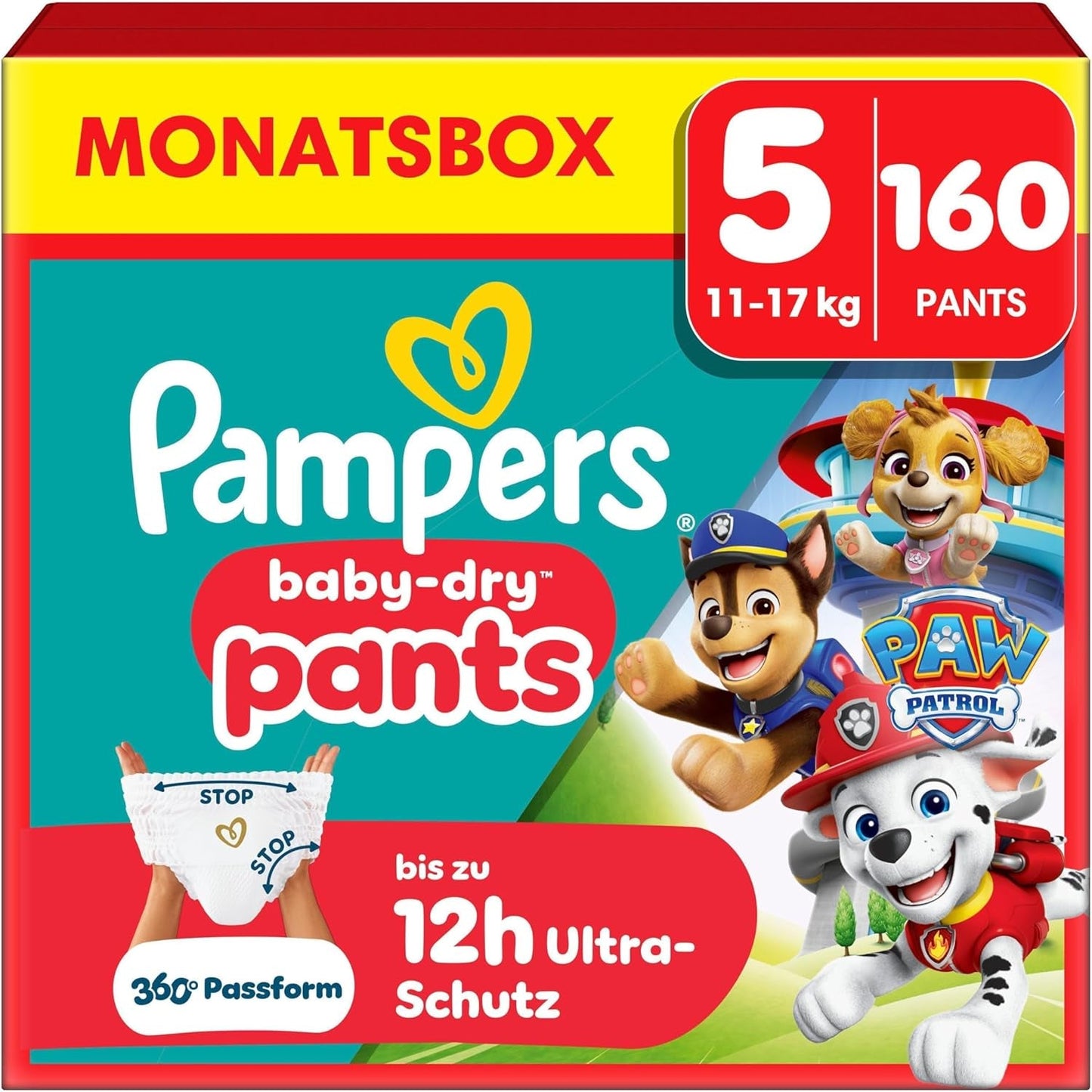 Pampers Baby-Dry Pants Paw Patrol Edition, maat 5, 160 luiers, 11 kg - 17 kg, 360° verstelbaar met Stop and Protect-systeem