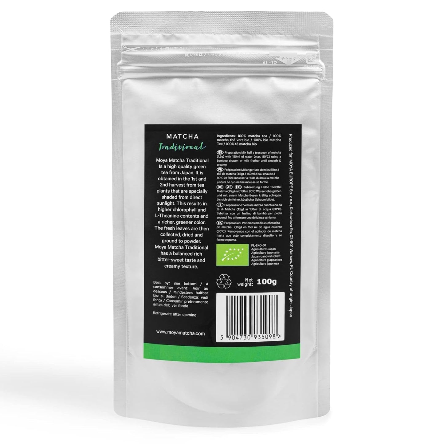Moya Matcha biologische groene theepoeder | 100 g traditionele ceremoniekwaliteit 30 g | Biologisch geteeld en geoogst in Uji, Japan | Perfect om te drinken met water, matcha lattes, smoothies en limonades