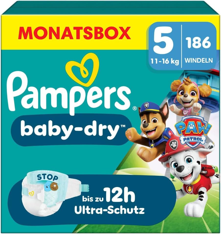 Pampers Baby-Dry Puppy Patrol Edition luiers, maat 5, 186 luiers, 11 kg - 16 kg, tot 100% lekbescherming en de hele nacht comfort