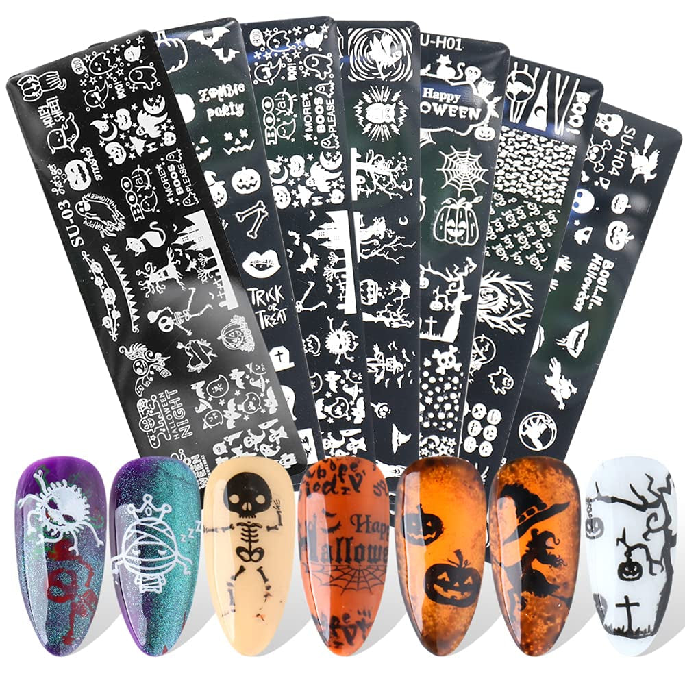 JMEOWIO Nagelstempelsjablonen Halloween 6 Stück Nagelstempelsjablonen Nail Art Decoratie Nageldesign Zubehör Böse Gruselige Kürbis-Geisterhexe