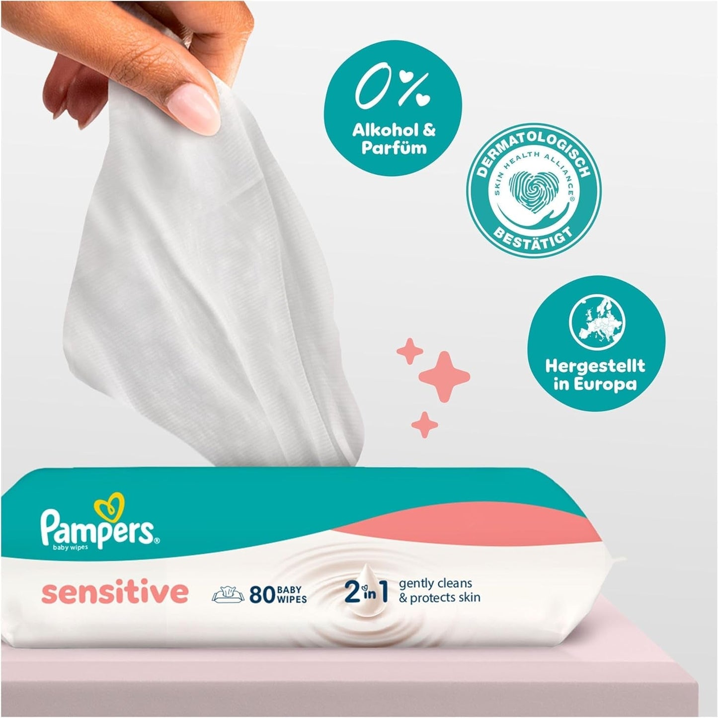 Pampers Sensitive babydoekjes, 15 stuks van 80 doekjes, 1200 babydoekjes, 2-in-1 zachte reiniging en huidbescherming