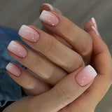 Zelfklevende kunstnagels set - Franse kunstnagels - 24 stuks Kort Vierkant Ontwerp Wit Roze Gradiënt Kunstnagels Ballerina Manicure (Kort Roze Gradiënt)