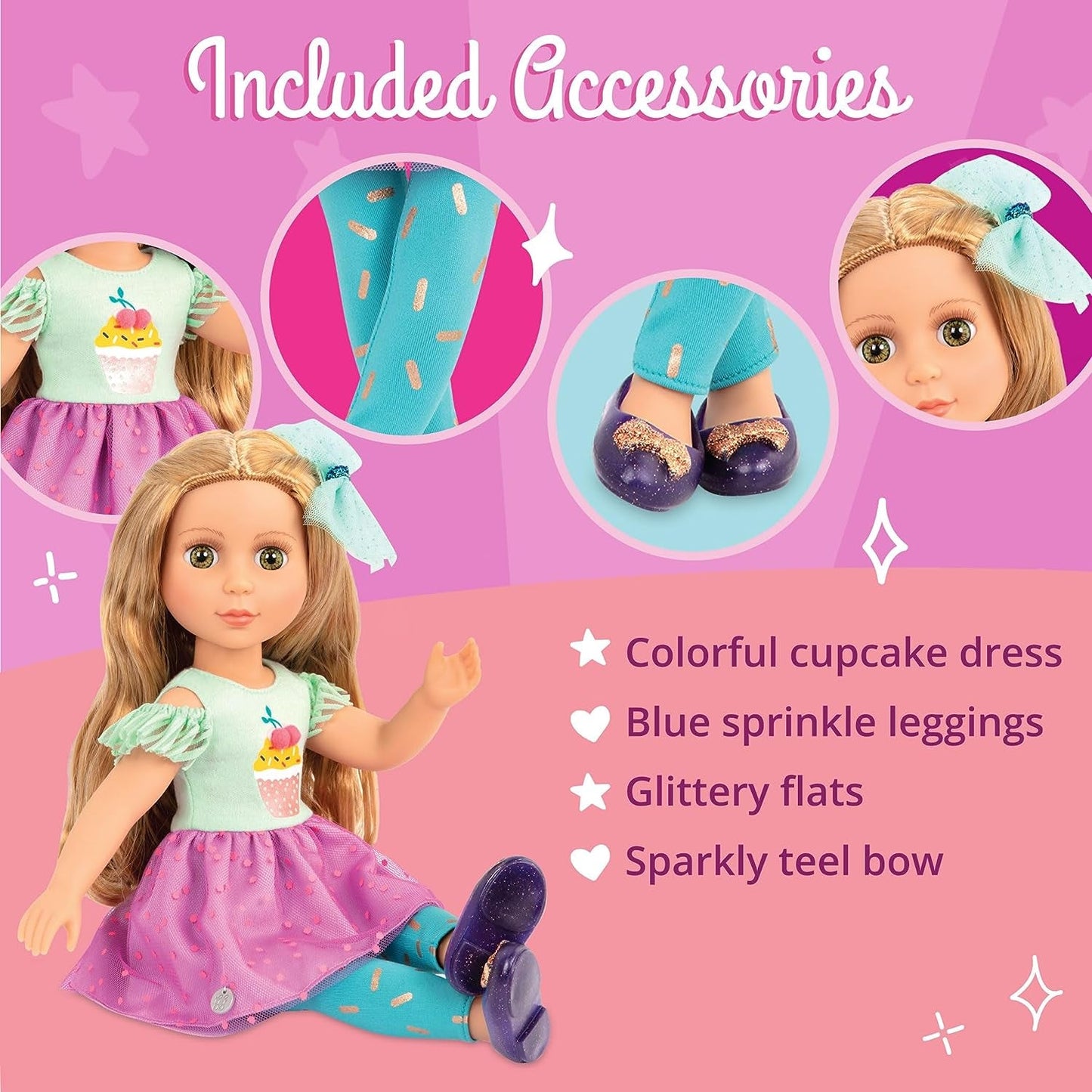 Glitter Girls - Sashka - 36 cm Bewegliche Modepuppe - Blond Haar en Groen Augen - Cupcake-Kleid met Haarschleife - Glitzerschuhe & Gepunktete-Leggings - 3 Jahre +