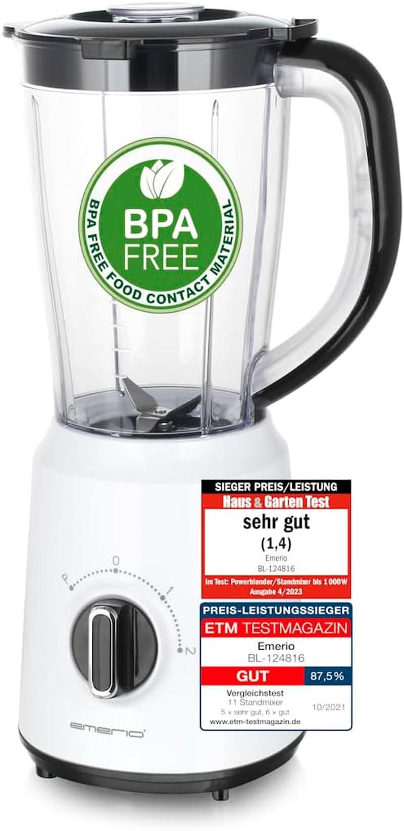 Emerio Standmixer BPA Frei Crush Ice-functie 1,5L Behälter 2 Geschwindigkeiten + Pulse-functie Messereinheit Aus Edelstahl Sicherheitsschalter Geschirrspülgeeignet 500 Watt BL-12816.8 Schwarz Bucatarie Naty Shop Weiß
