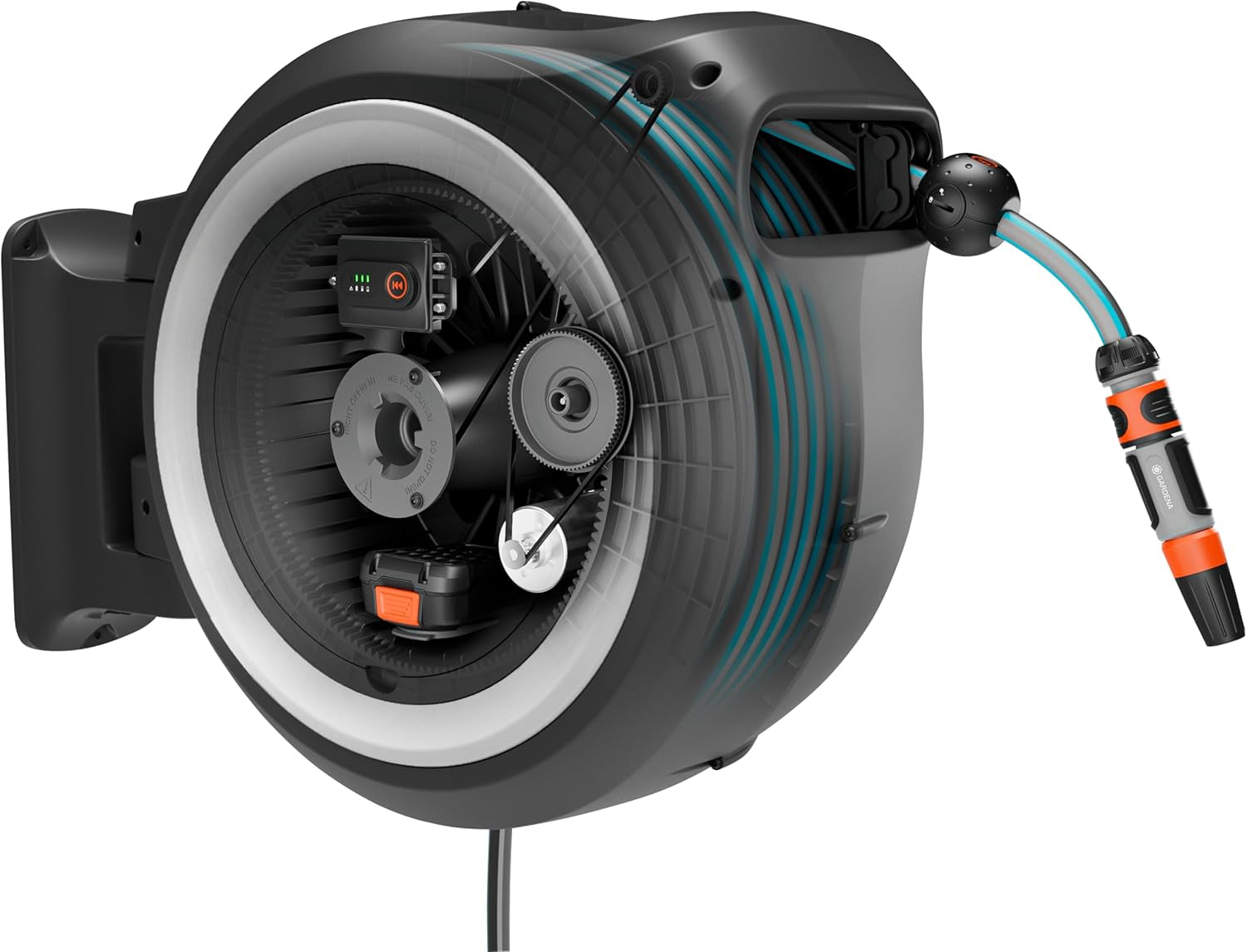 Gardena PowerRoll XXL Solo draadloze muurslangenbox: automatische slanghaspel met 40 m tuinslang, slanggeleider en RollControl, batterijvoeding, UV- en vorstbestendig (18647-55)