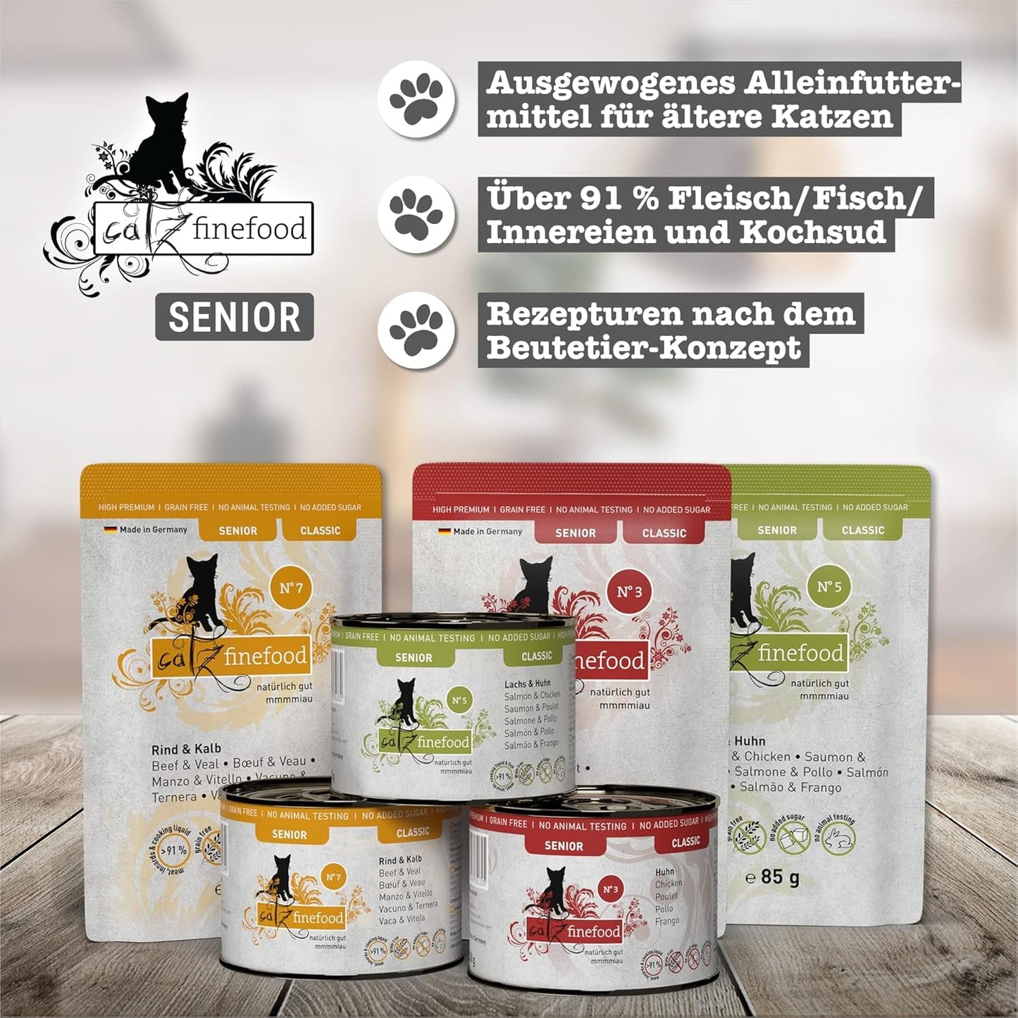 catz finefood Senior Collection Katzenfutter nass - Premium Nassfutter für Ihre Senior Katze - getreidefrei, ohne Zucker, hoher Fleischanteil, Vitamine & Mineralien (6 x 200g dosis)