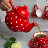 City to Cottage® - Groot theeservies | Rood en Wit | Punten | Handgemaakt | Keramieken theepot 1,7 liter, melkkannetje, suikerpot