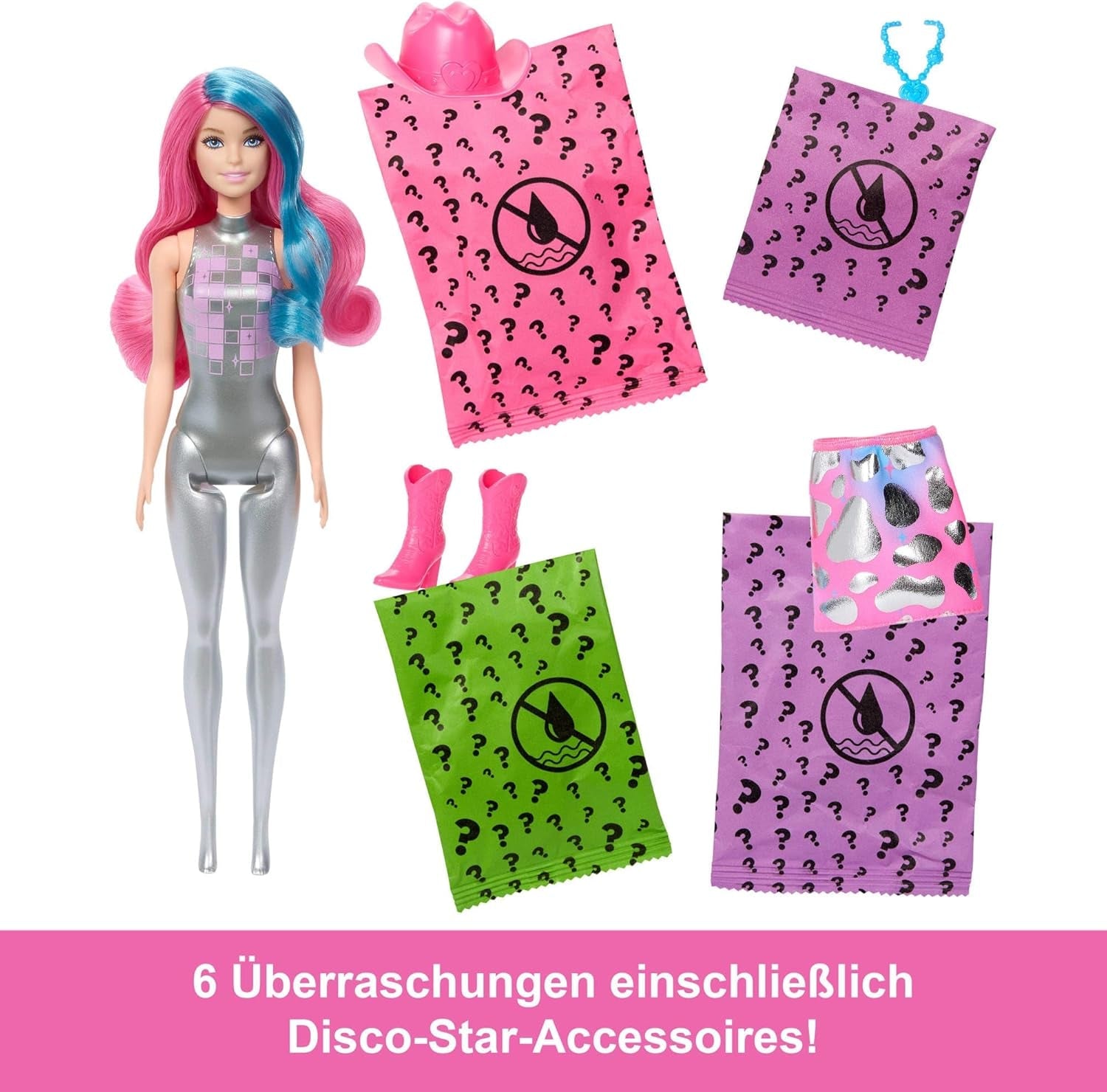 Barbie Kleuronthullingspop en accessoires met 6 verrassingen, Disco Star-serie met metallic glitter en van kleur veranderende bovenkant (stijlen kunnen variëren), JCP01, 32 cm