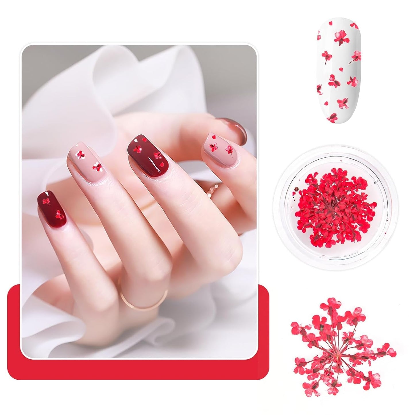 Nail Art Bloemen Set Decoratie - Gelnagels 3 kleuren (Oranje, Blassrosa, Roos), Nail Art Aufkleber Trockene Blumen Kit Getrocknete Blumen Zubehör Set DIY Nageldecoratie
