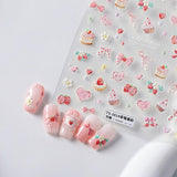 JMEOWIO 3D Nagelsticker Rosa Nail Art Sticker Selbstklebend Nagelaufkleber 5D Stereoskopisch Kuchen Erdbeerschleife Decoratie Nageldesign Zubehör 1 Blatt