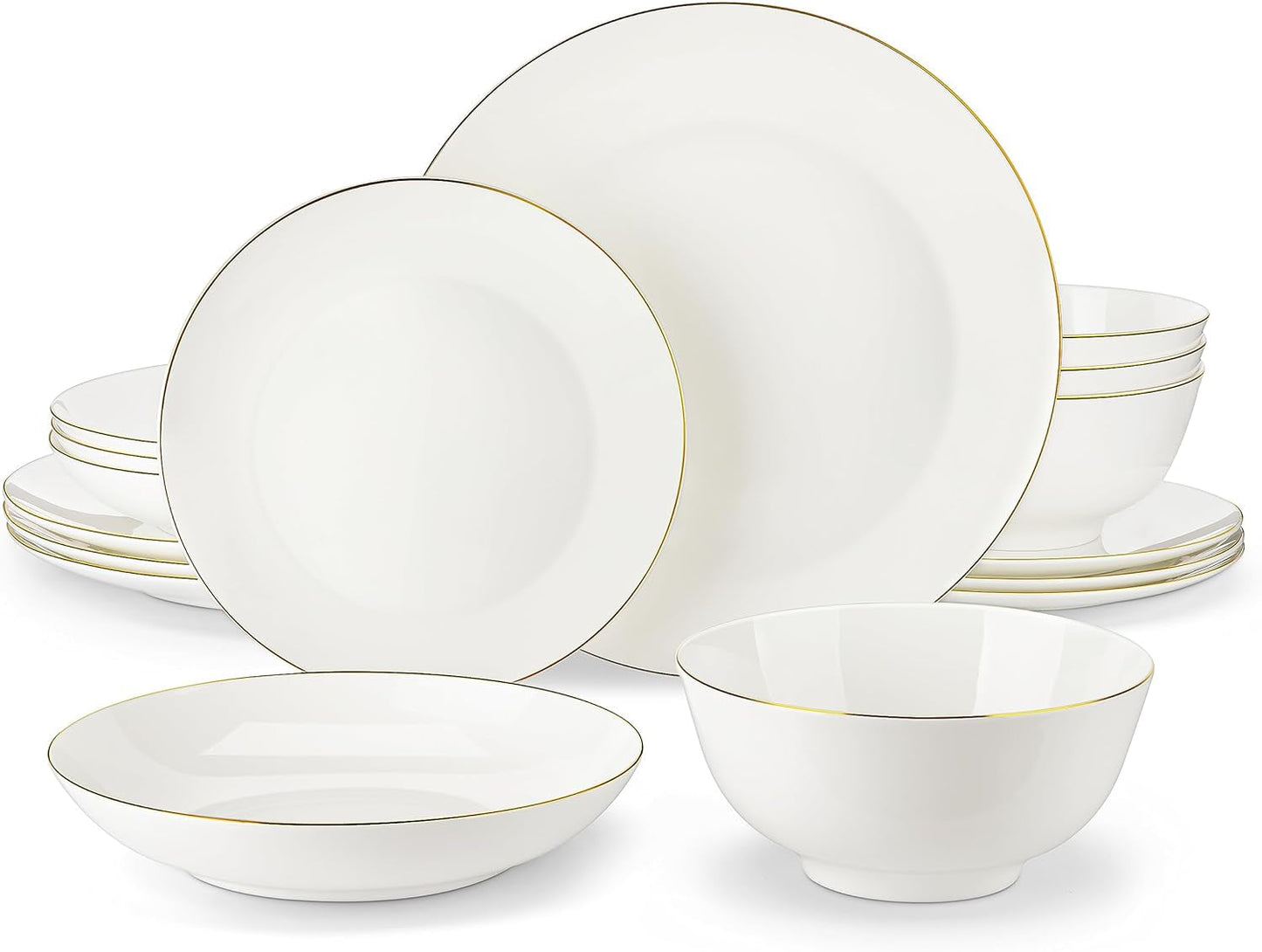 MALACASA 4-persoons serviesset Bone China 16-delige serviesset rond wit met gouden rand Combinatieset van 4 dinerborden, 4 dessertborden, 4 Suma-borden en 4 ontbijtgranenschalen NORI-serie