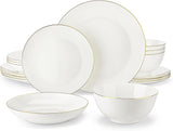 MALACASA 4-persoons serviesset Bone China 16-delige serviesset rond wit met gouden rand Combinatieset van 4 dinerborden, 4 dessertborden, 4 Suma-borden en 4 ontbijtgranenschalen NORI-serie