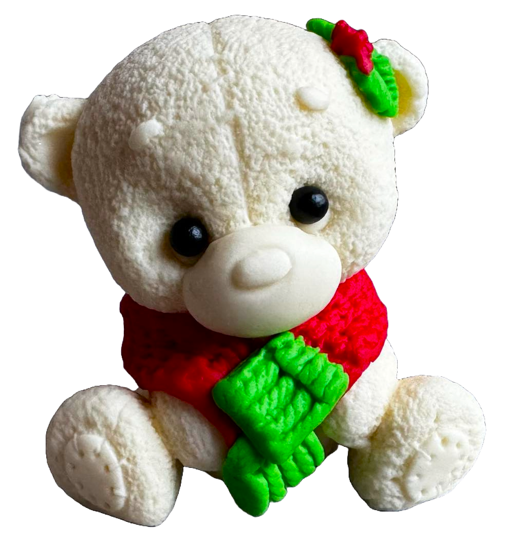 Eetbare decoratie van suikerpasta, Witte teddybeer met groene en rode sjaal Decoraties van Sugar Paste Naty Shop