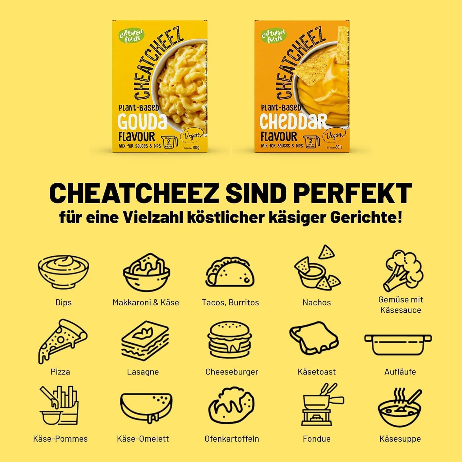 Gekweekte voedingsmiddelen Veganistische 3-delige set Veganistische Mac en Kaas, Goudse saus, Cheddarsaus, Laktosefrei Glutenfrei MAC & CHEEZ CHEATCHEEZ