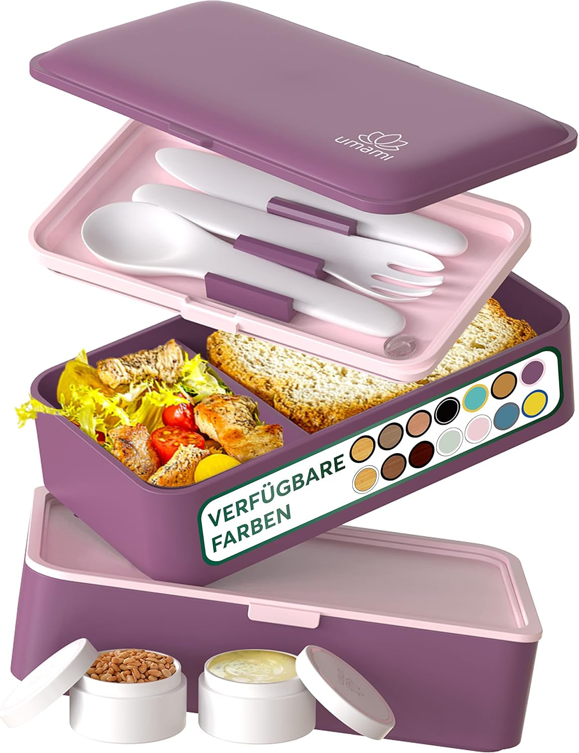 Umami lunchbox voor volwassenen, lekvrije stapelbare bentobox met 4 bestek en vakken, lunchbox voor volwassenen, saladecontainer voor onderweg, picknick-/kantoorlunchbox, houtskoolgrijs, 1500 ml