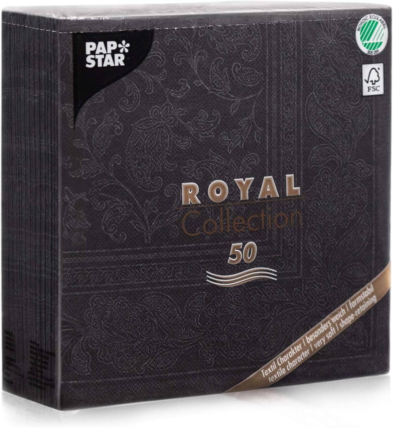 50 servetten ROYAL Collection 1/4-vouw 40 X 40 zwart "Ornamenten"