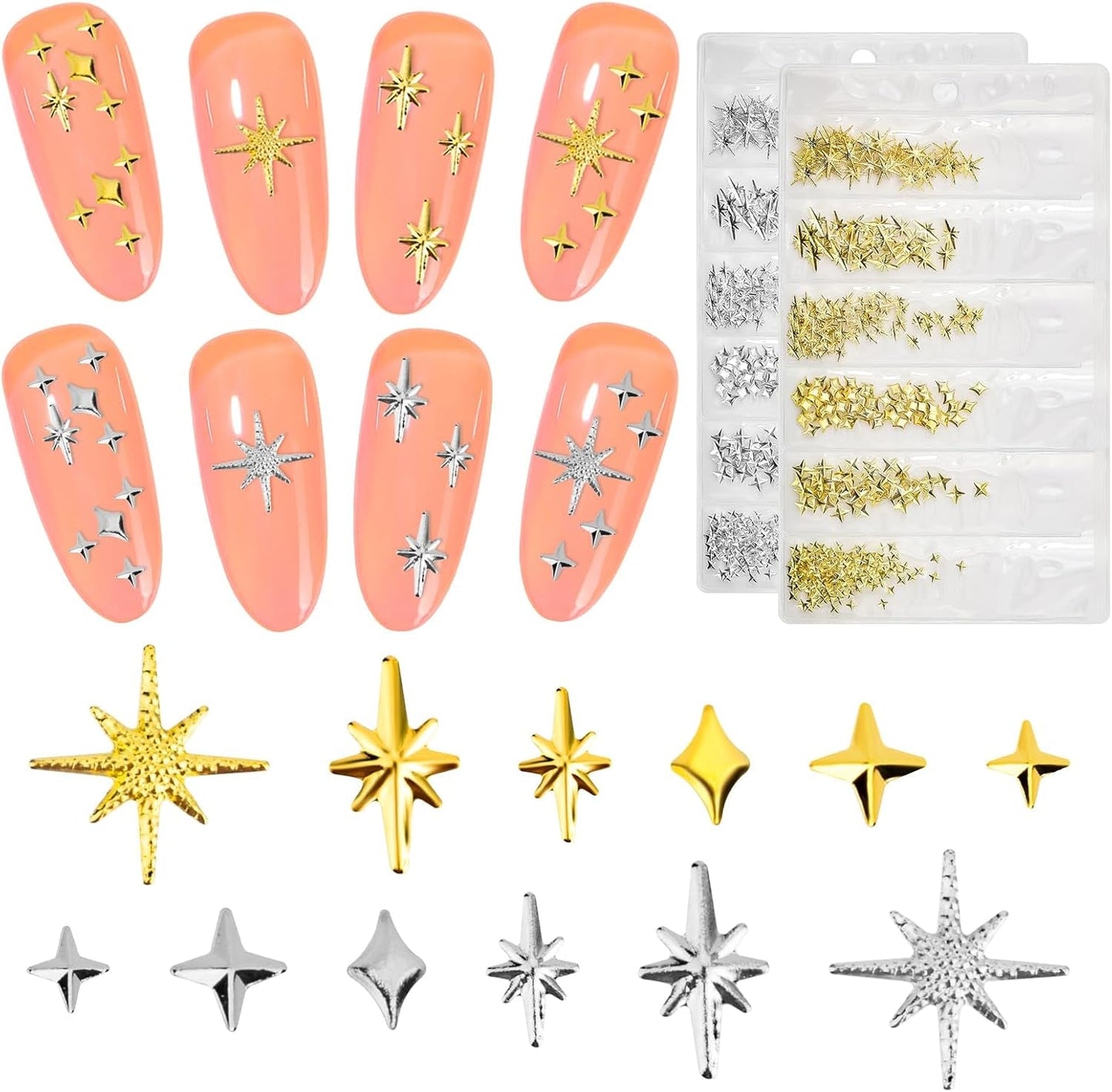 400 Stück Gold Silber Stern Nail Charms Nägel, 3D Metall Star Nagelkunst Decoraties, Star Nail Design Gemischt Grote Vorm Nägel Zubehör