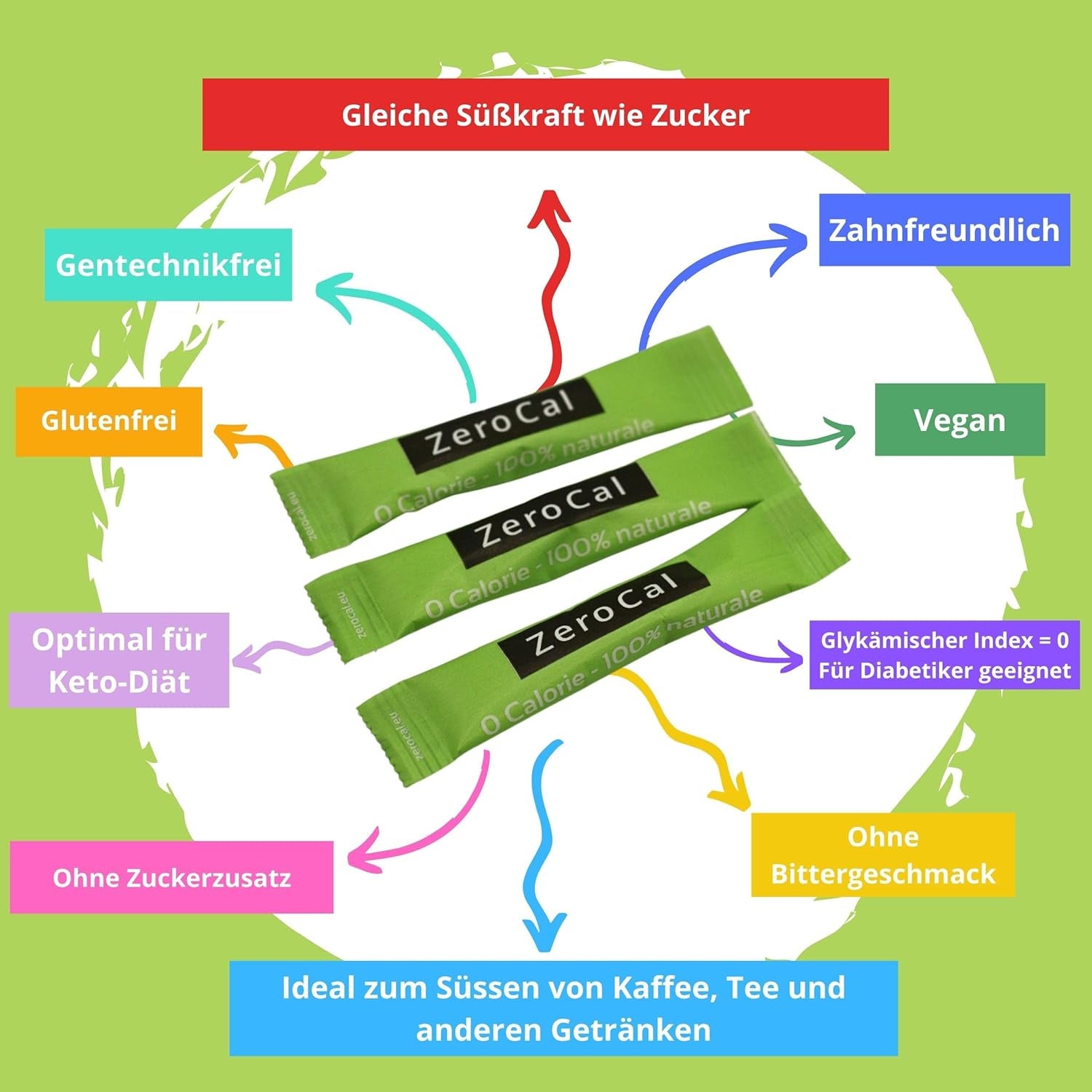 Zerocal - 1:1 (Erythritol + Stevia) 100 Sticks Je 3 G | Ideaal voor het zoeten van koffie, thee en andere dranken Gleiche Süßkraft Von Zucker | Glutenvrij, veganistisch, GMO-vrij | Kalorien en GI = 0 Zoetstoffen Naty Shop