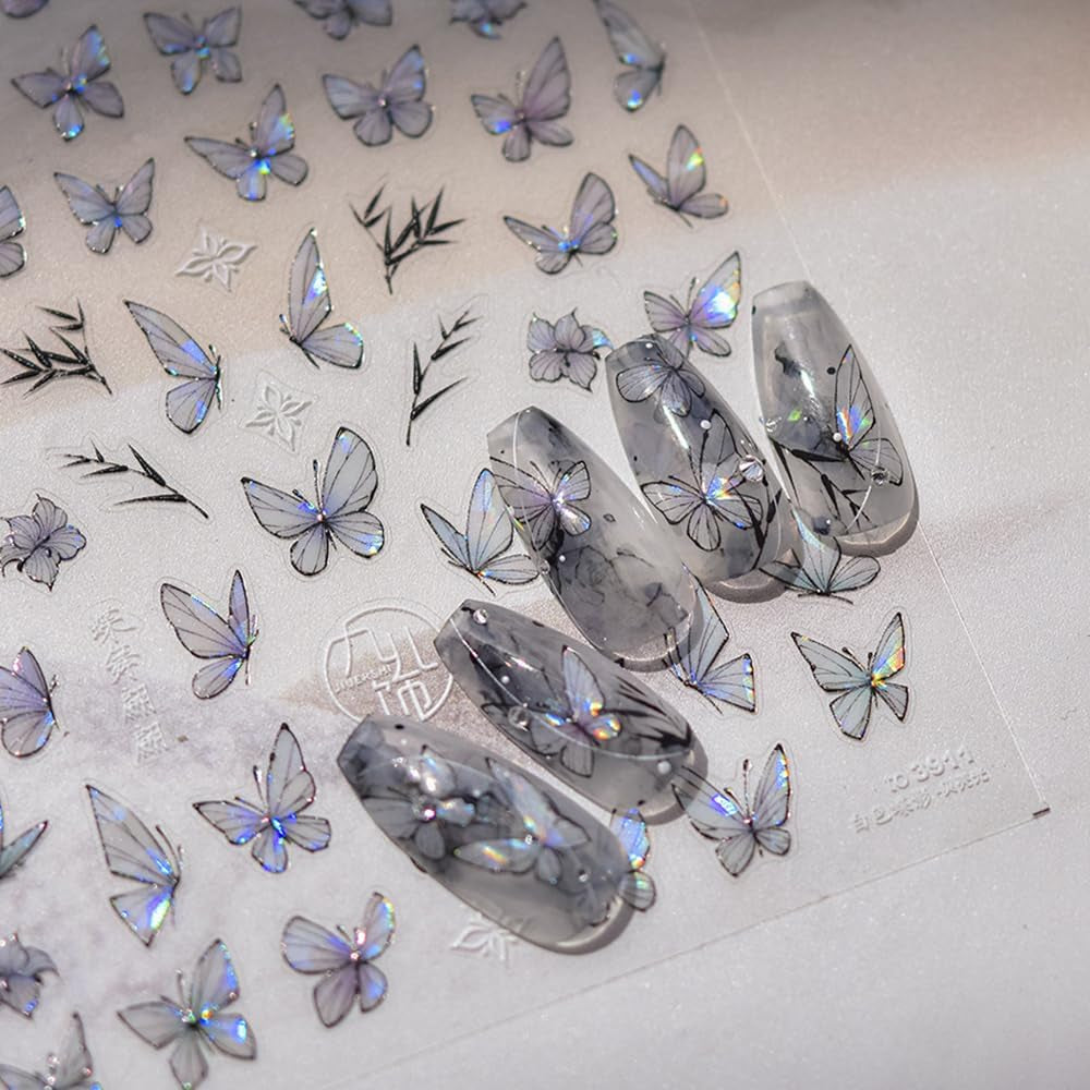 2 Blätter Schmetterling Nagelsticker Selbstklebend,Muschel Glitzer Nail Art Butterfly Nail Sticker Lila Grau Schmetterlinge Nagelaufkleber Relief Laser Vlinders Nagelsticker Nageldesign Zubehör
