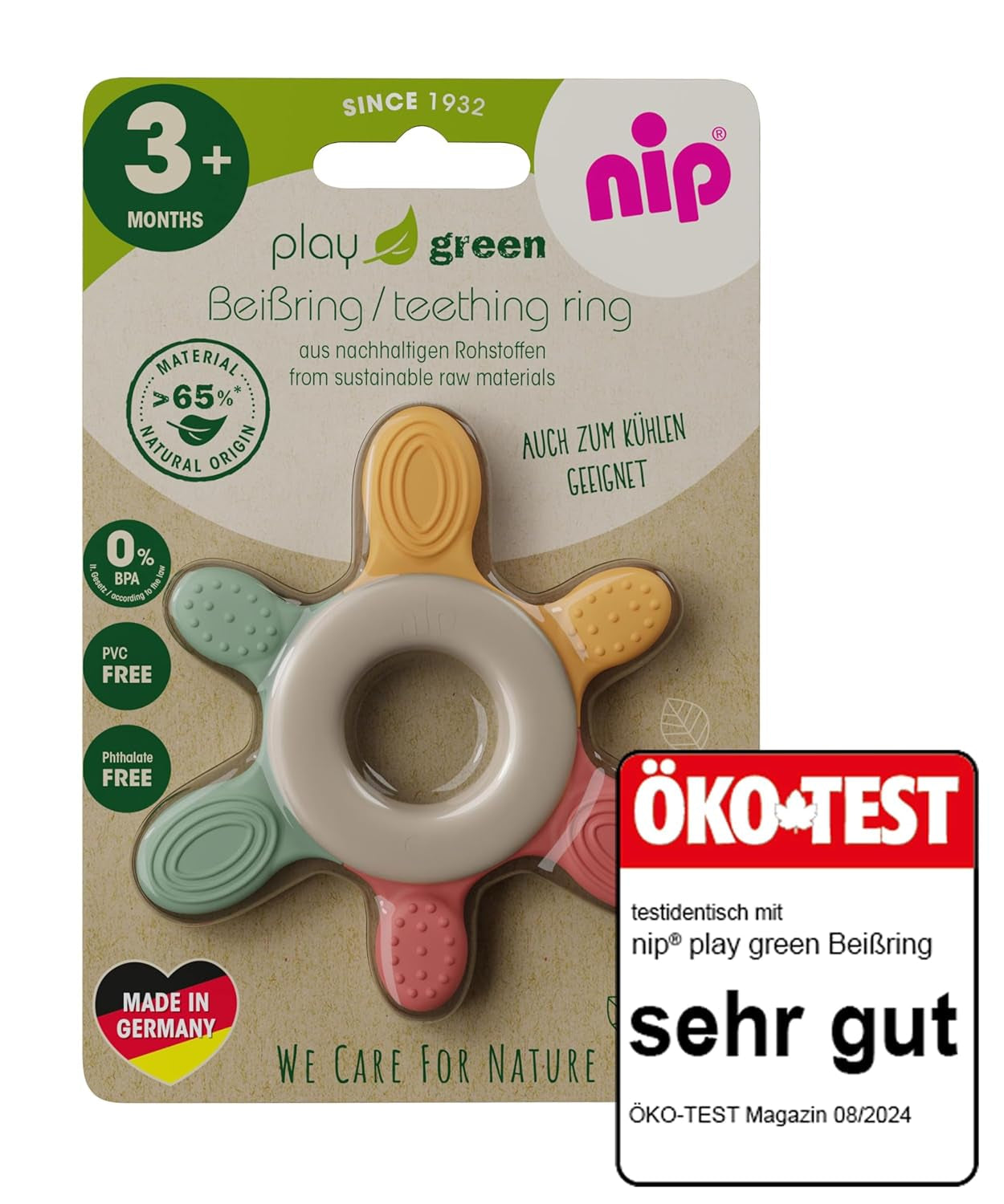 nip – Bijtring | Duurzame bijtring voor baby's vanaf 3 maanden, gemaakt van ruim 65% natuurlijke grondstoffen. Voor zachte massage van tandvlees, tong en tanden | Rood/Groen/Oranje