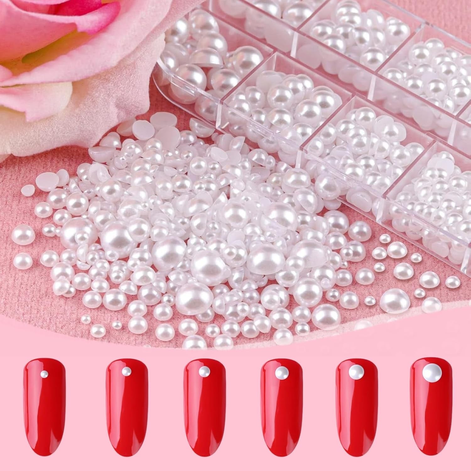 12 Größen Nail Art Perlen, Flache Perlen, Nail Art Accessoires, Halbkreis Nagelperlen, Weiße Nail Charms en Glitzersteine ​​​​Nägel voor Nail Art Design, DIY Basteln, Alltag, Hochzeit (2 dozen)