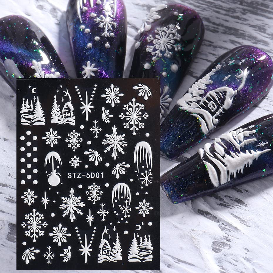 4 Blatt 3D Nagelsticker Weihnachten Nagelaufkleber Christmas 5D Stereoskopisch Selbstklebend Schneeflocke Schneemann Nail Art Sticker Decoratie Nageldesign Zubehör